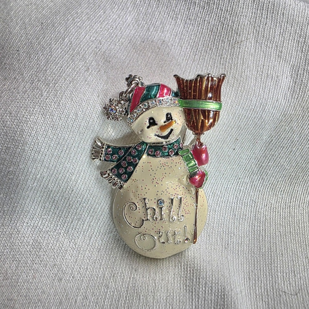 Haskell Snowman Brooch Pin Chill Out Enamel Rhinestone Christmas Holiday Glitter